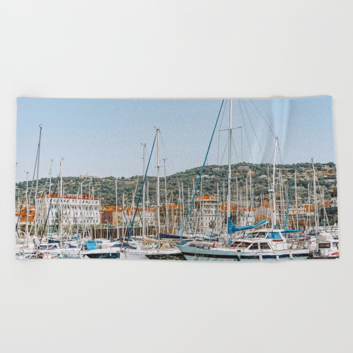 Luxurious Yachts And Boats In Cannes Harbor Port, Marina Bay, Rich Lifestyle, Mediterranean Sea, Cannes City French Riviera Beach Towel