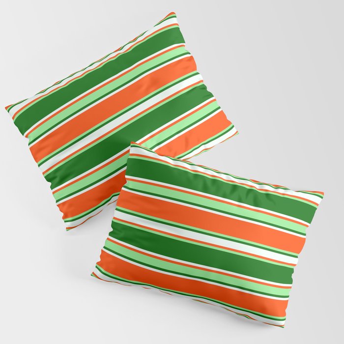 Red, Light Green, Dark Green, and Mint Cream Colored Lined/Striped Pattern Pillow Sham
