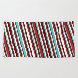 [ Thumbnail: Turquoise, Maroon, Brown & Mint Cream Colored Pattern of Stripes Beach Towel ]