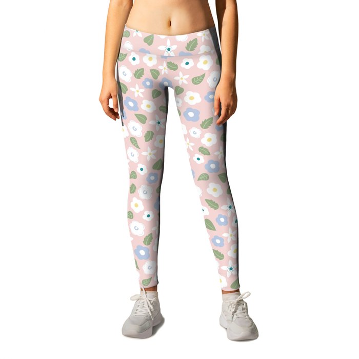 Lainey floral - simple flowers and leaves on blush pink Leggings