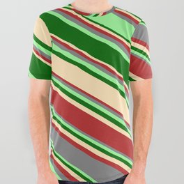 [ Thumbnail: Eyecatching Grey, Green, Dark Green, Beige, and Red Colored Lines Pattern All Over Graphic Tee ]