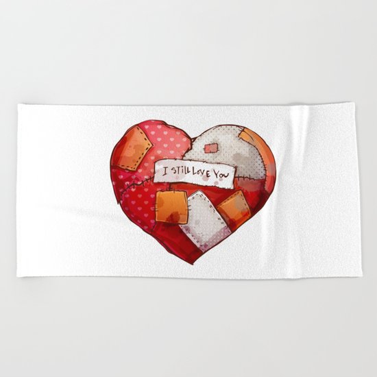 Heart with patches. Valentines day illustration. Beach Towel