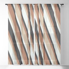 [ Thumbnail: Sienna, Tan, Mint Cream & Black Colored Stripes Pattern Sheer Curtain ]