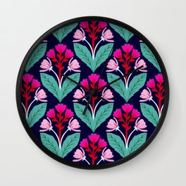 Hand drawn folk art floral pattern in pink and red Wall Clock