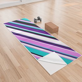 [ Thumbnail: Eyecatching Violet, Dark Turquoise, Black, Indigo & White Colored Lines/Stripes Pattern Yoga Towel ]
