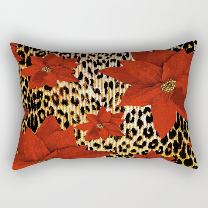 Animal Print Leopard and Red Poinsettia Rectangular Pillow