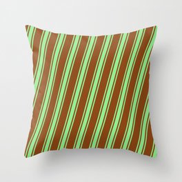 [ Thumbnail: Brown & Light Green Colored Striped/Lined Pattern Throw Pillow ]