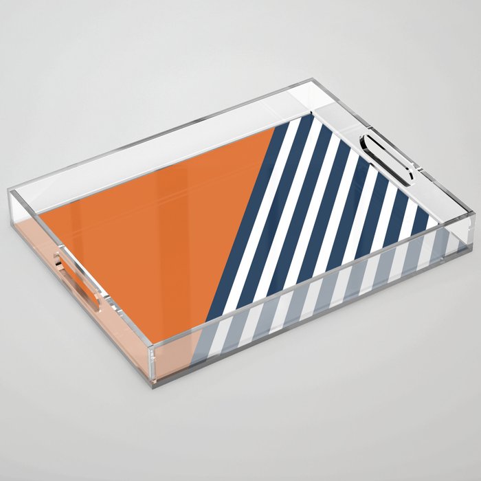 Color Block & Stripes Geometric Print, Orange, Navy and White Acrylic Tray