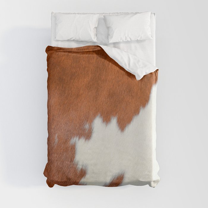 Brown and White Cow Skin Print Pattern Modern, Cowhide Faux Leather Duvet Cover