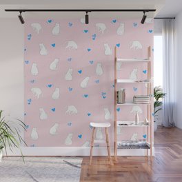 Sleeping Cats With Hearts Pattern/Pink Background Wall Mural