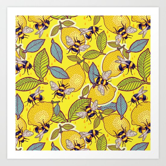 Yellow lemon and bee garden. Art Print
