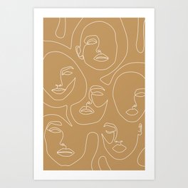 Caramel Faces / Face line drawing pattern in soft brown and white / Explicit Design Art Print