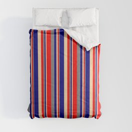 [ Thumbnail: Tan, Blue, Gray & Red Colored Lines/Stripes Pattern Comforter ]