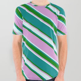 [ Thumbnail: Dark Cyan, Green, Plum & Light Cyan Colored Striped Pattern All Over Graphic Tee ]
