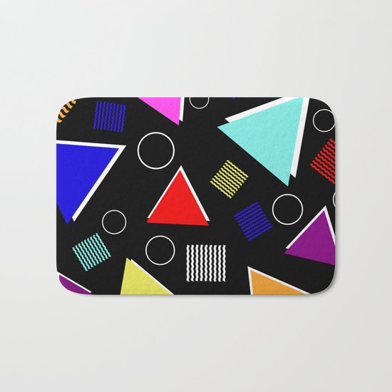 Fun Retro - Triangles, rings and waves patterned design, blue, red, purple, pink, yellow Bath Mat