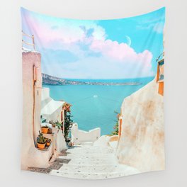 Surreal Greece, Tropical Travel Scenic Photography, Colorful Pastel Landscape Bohemian Architecture Wall Tapestry