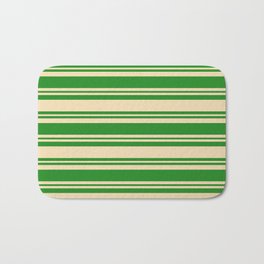 [ Thumbnail: Forest Green and Tan Colored Lined Pattern Bath Mat ]