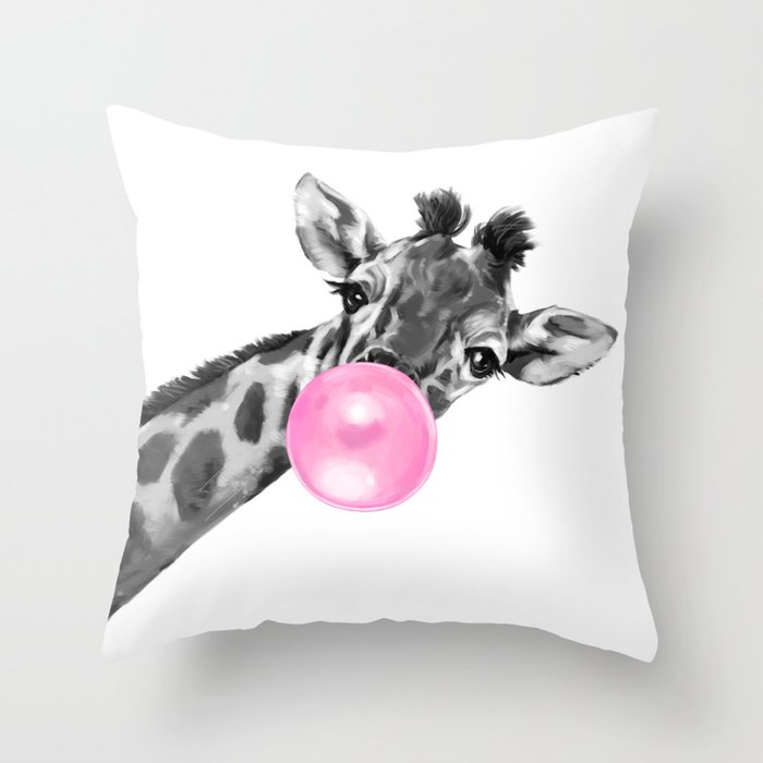 Bubble Gum Black and White Sneaky Giraffee Throw Pillow