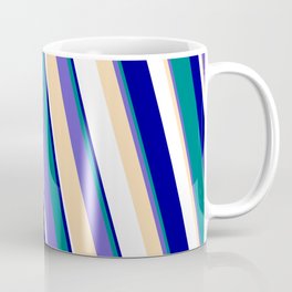 [ Thumbnail: Eyecatching Teal, Slate Blue, Tan, White, and Dark Blue Colored Stripes Pattern Coffee Mug ]