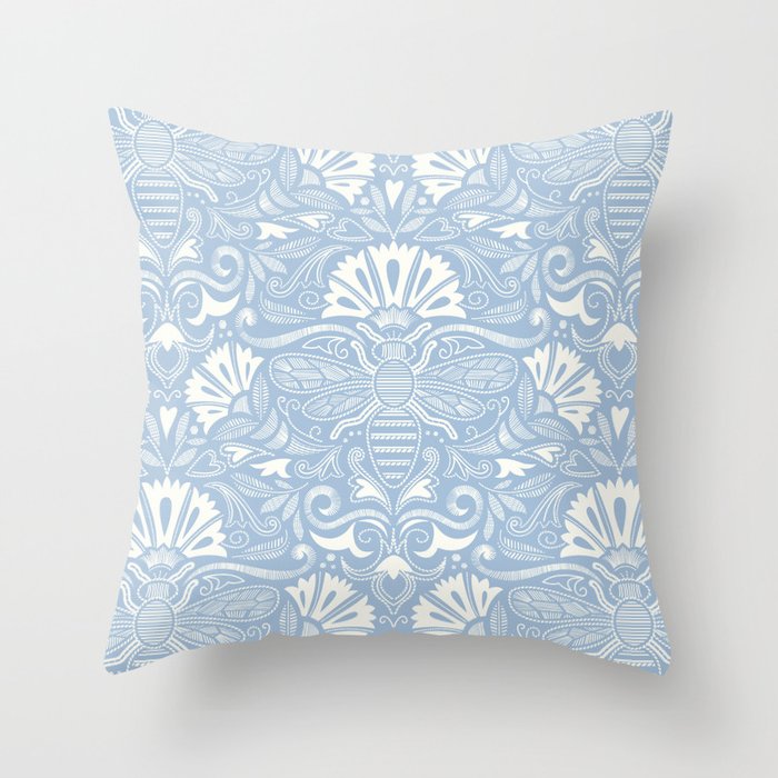 Queen bee garden // natural white and peony blue ornamental extravagant gold cord embroidery passementerie style inspiration Throw Pillow