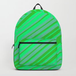 [ Thumbnail: Aquamarine, Lime Green & Green Colored Striped/Lined Pattern Backpack ]