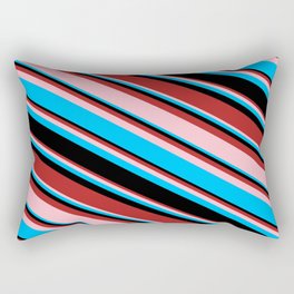 [ Thumbnail: Red, Pink, Deep Sky Blue, and Black Colored Stripes/Lines Pattern Rectangular Pillow ]