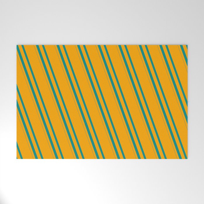 Orange and Dark Cyan Colored Striped/Lined Pattern Welcome Mat