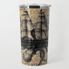 Octopus Kraken attacking Ship Antique Almanac Paper Travel Mug