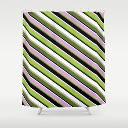 [ Thumbnail: Vibrant Plum, Green, Dark Olive Green, Black & White Colored Lined/Striped Pattern Shower Curtain ]