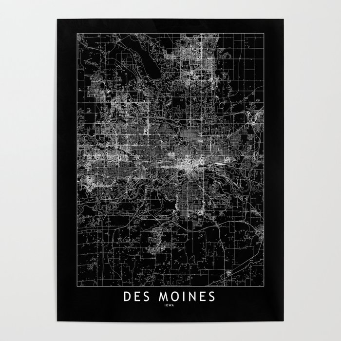 Des Moines Black Map Poster