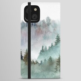 Watercolor Pine Forest Mountains in the Fog iPhone Wallet Case