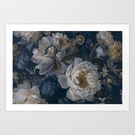 Bloomy Baroque Regency Flower Pattern Ivory Blue Art Print