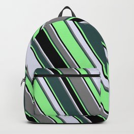 [ Thumbnail: Eye-catching Lavender, Grey, Dark Slate Gray, Green & Black Colored Pattern of Stripes Backpack ]