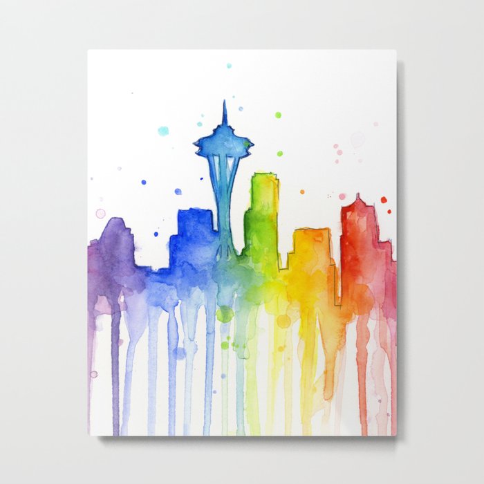 Seattle Skyline Rainbow Watercolor Metal Print
