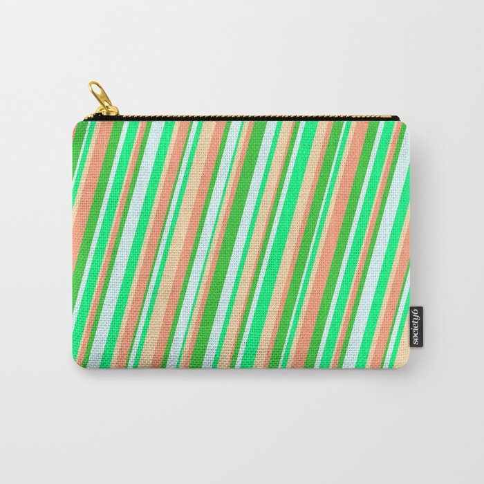 Vibrant Light Cyan, Green, Tan, Light Salmon & Lime Green Colored Striped Pattern Carry-All Pouch