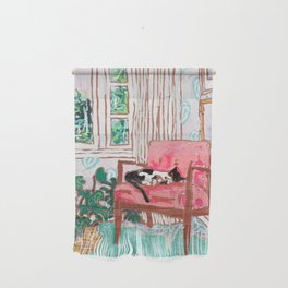 Little Naps - Tuxedo Cat Napping in a Pink Mid-Century Chair by the Window Wall Hanging