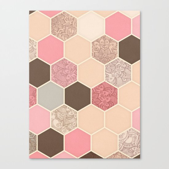 Caramel, Cocoa, Strawberry & Cream Hexagon & Doodle Pattern Canvas Print