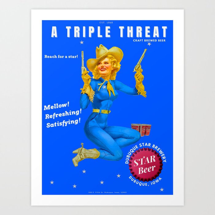 Vintage blue Star beer alcoholic beverages shooting cowgirl triple threat advertising poster / posters Art Print