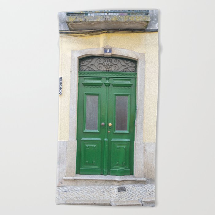 The green door nr. 9 art print - vintage doors in Alfama, Lisbon, Portugal - travel photography Beach Towel