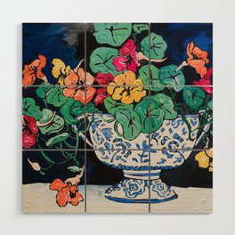 Nasturtium Bouquet in Chinoiserie Bowl on Dark Blue Floral Still Life Painting Wood Wall Art