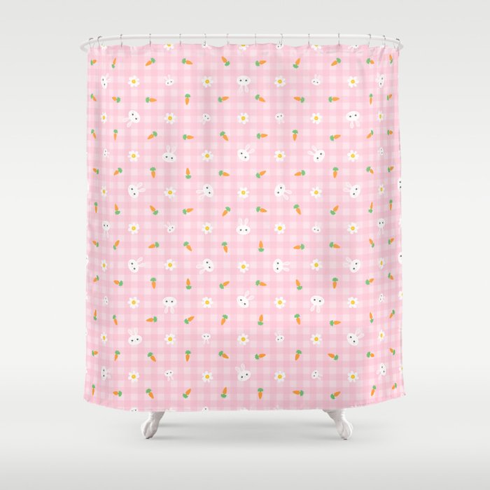 Bunnies, carrots & daisies ( Pastel pink Gingham) Shower Curtain