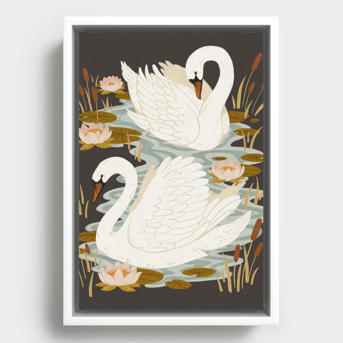 Swan Dance - Charcoal Black Background Framed Canvas