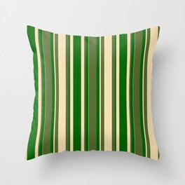 [ Thumbnail: Dark Olive Green, Tan, and Dark Green Colored Lined/Striped Pattern Throw Pillow ]