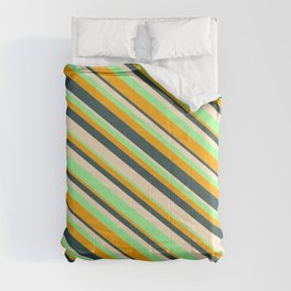 [ Thumbnail: Orange, Dark Slate Gray, Bisque, and Green Colored Lined/Striped Pattern Comforter ]
