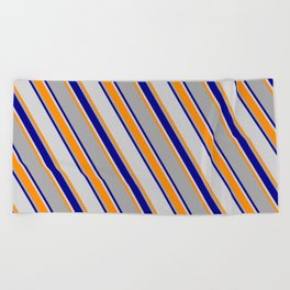 [ Thumbnail: Dark Grey, Dark Blue, Light Gray & Dark Orange Colored Lines/Stripes Pattern Beach Towel ]