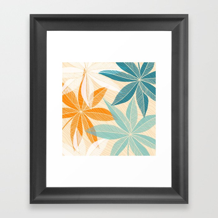 Orange and Teal Tropical Floral Print Framed Art Print