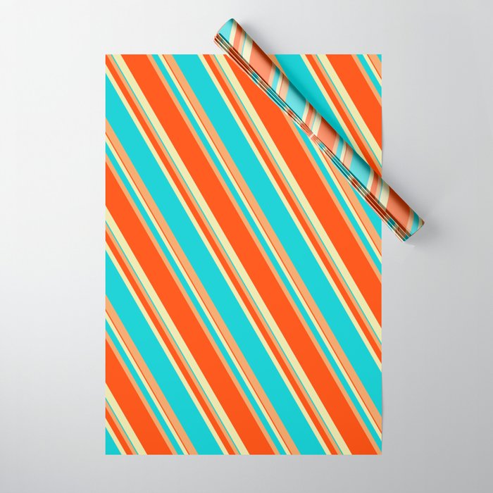 Pale Goldenrod, Dark Turquoise, Brown, and Red Colored Lines/Stripes Pattern Wrapping Paper