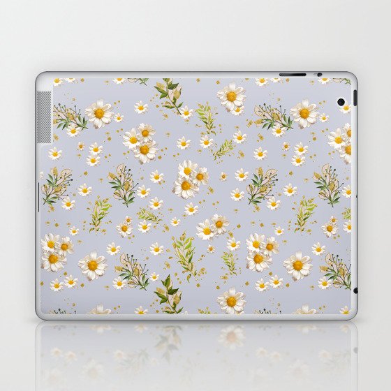 White Daisies Floral Field Pattern Light Neutral Pastel Blue Laptop & iPad Skin