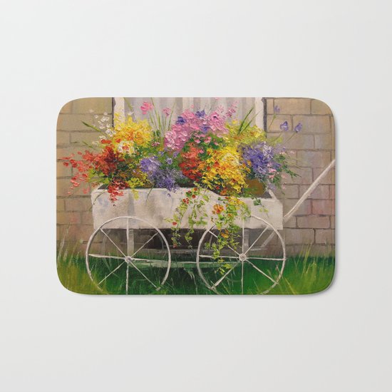 Old wagon with flowers Bath Mat