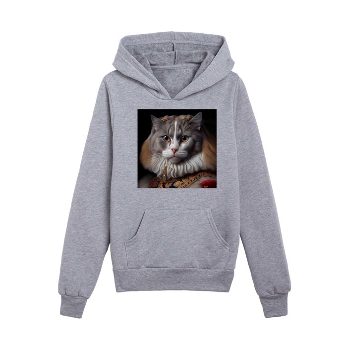 American Curl Queen Cat Breed Portrait Royal Renaissance Animal Painting Kids Pullover Hoodie